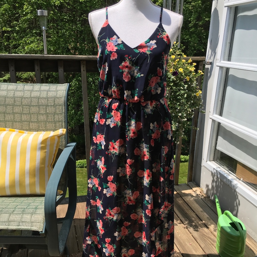 Sienna Sky size S high-low maxi dress. Dark navy floral chiffon.